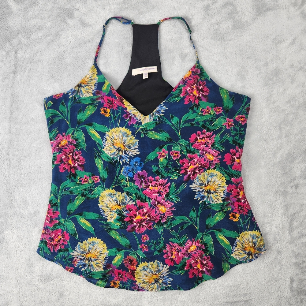 Lavender Brown Womens Silk Floral Cami Tank Top Made In USA Size M Medium